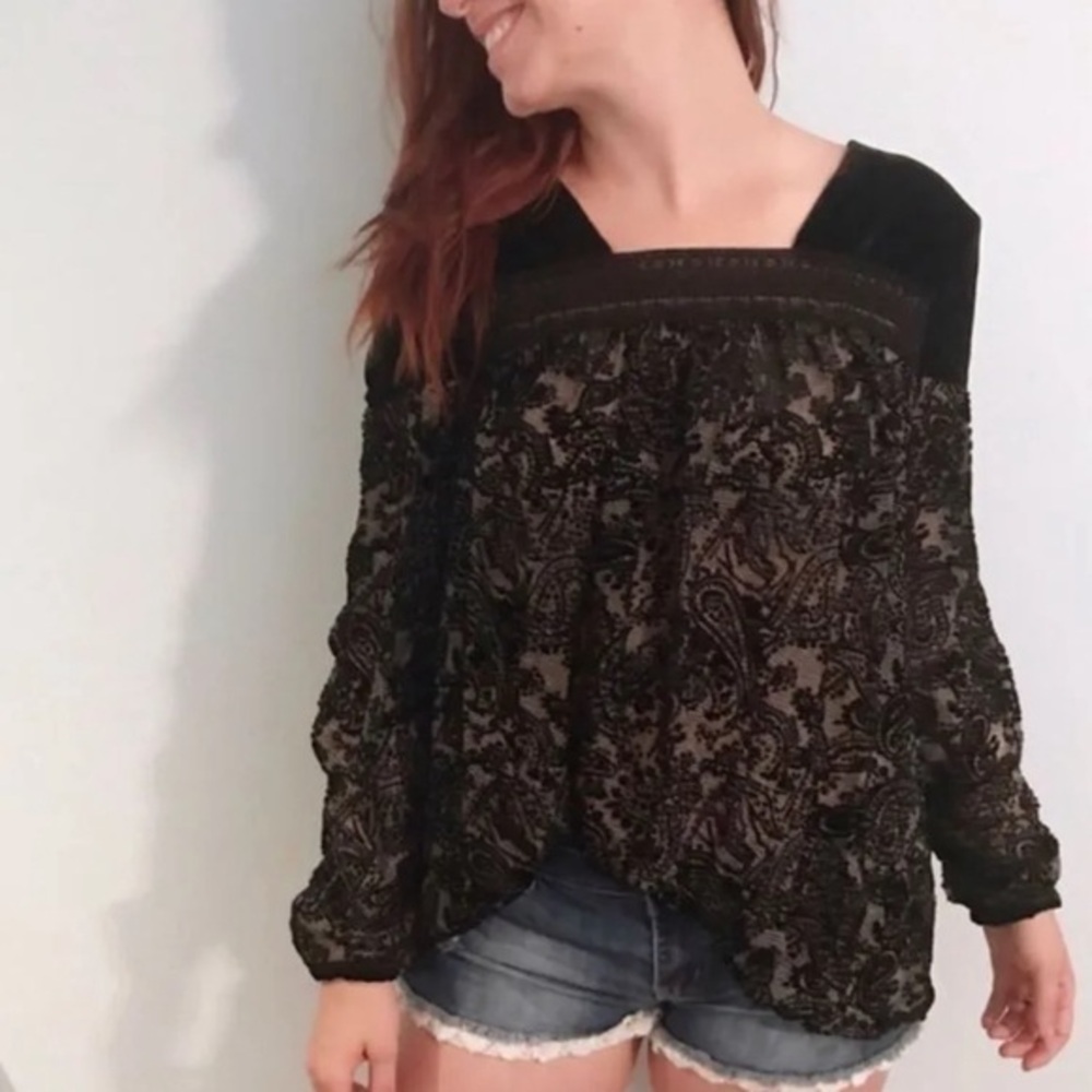 SUNDANCE S blouse Paisley velvet Burnout Flocked sheer crochet detail whimsygoth